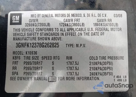 2008 Chevrolet Avalanche K1500 из США, поврежденный, VIN 3GNFK12378G262825